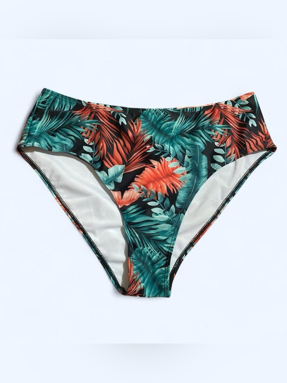 SHEIN Tropical Leaf High-Waist Bikini Bottoms - Teal & Coral